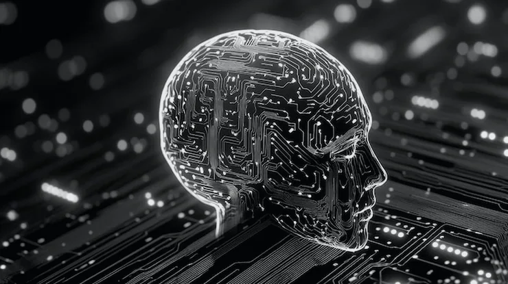Monochrome illustration of a head in profile with a circuit-board brain