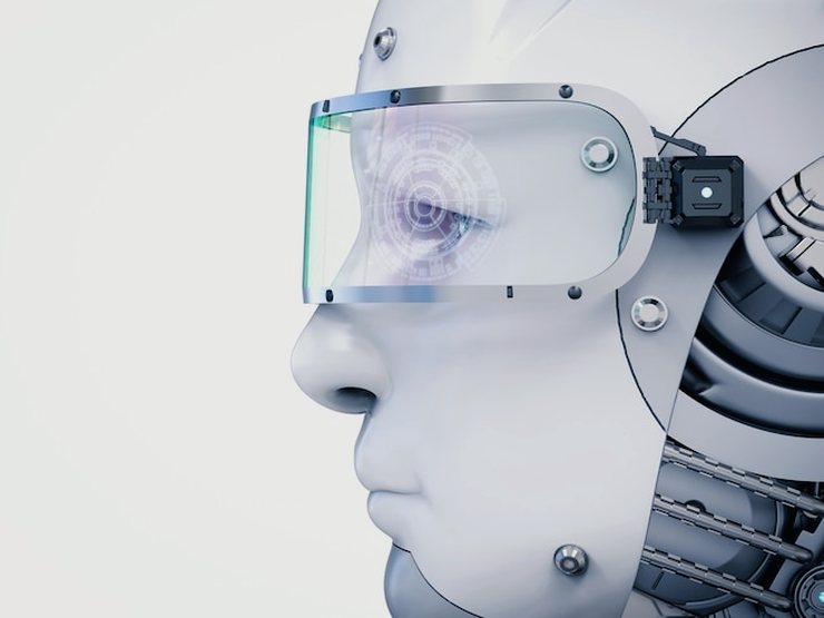 Illustration of a white humanoid robot head in profile with a transparent visor