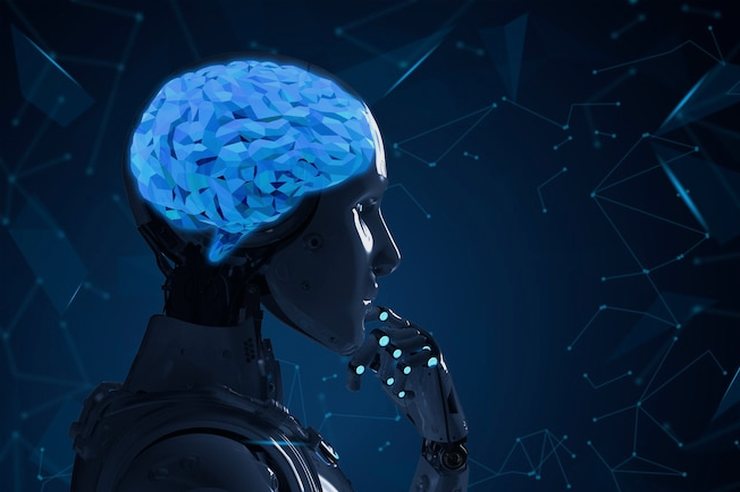Illustration of a dark humanoid robot in a thinking pose with a glowing blue brain
