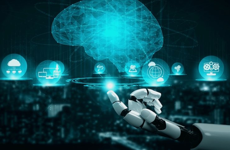 Illustration of a robot hand below a glowing brain and a row of cloud and network icons