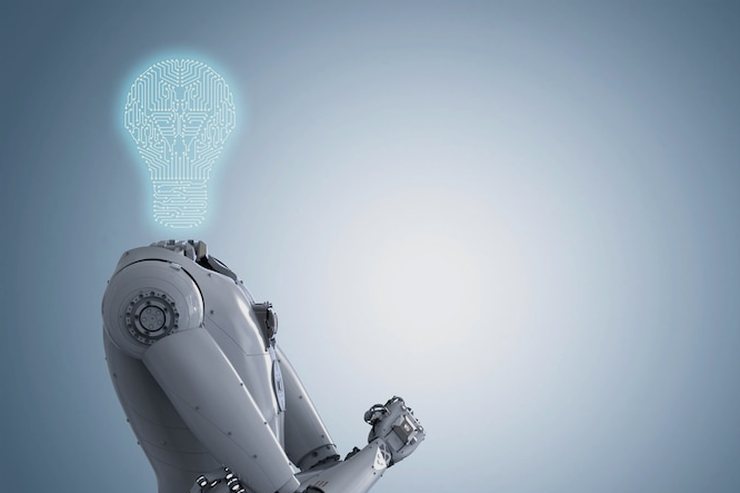 Illustration of a white robot torso with a glowing light bulb in place of a head