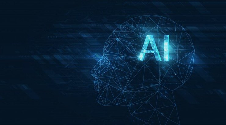 Illustration of a wireframe head with the letters AI on a dark background