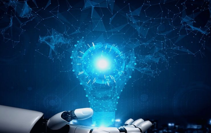 Illustration of a robot hand holding a glowing light bulb hologram over a dark blue network