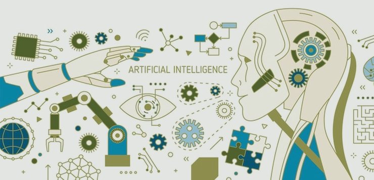 Line illustration of a robot head, gears, a brain and the words Artificial Intelligence