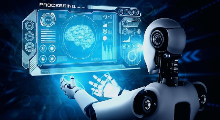 Illustration of a robot holding a holographic screen with a brain diagram and the word Processing