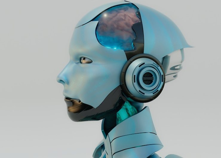 Illustration of a blue robot head in profile wearing headphones with a visible brain