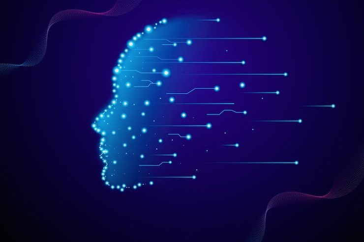 Illustration of a human profile made of connected blue dots on a dark blue background